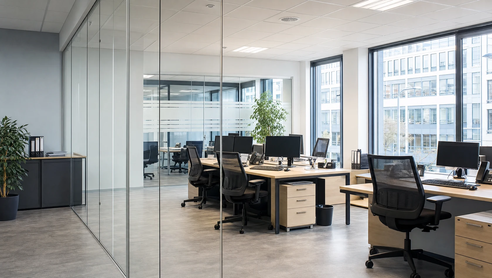 Helles Büro mit Schreibtischen, Monitoren und gläsernen Besprechungsräumen