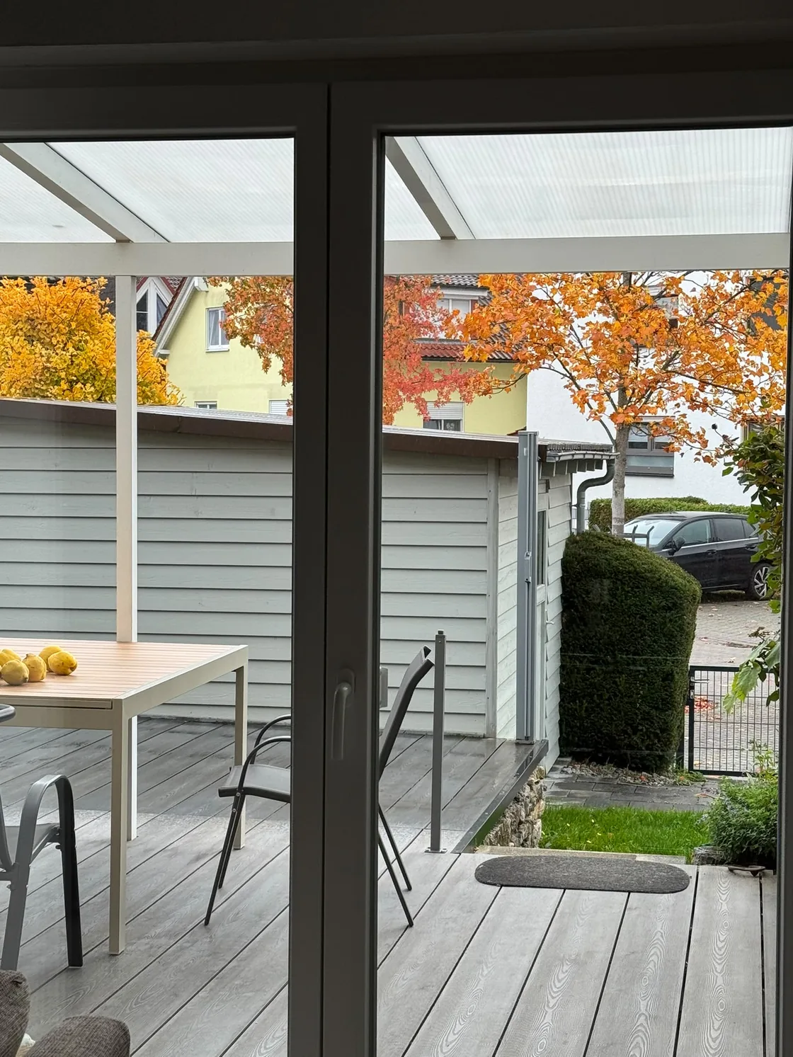 Saubere Terrassentür mit Blick auf eine Holzterrasse und herbstliche Bäume.